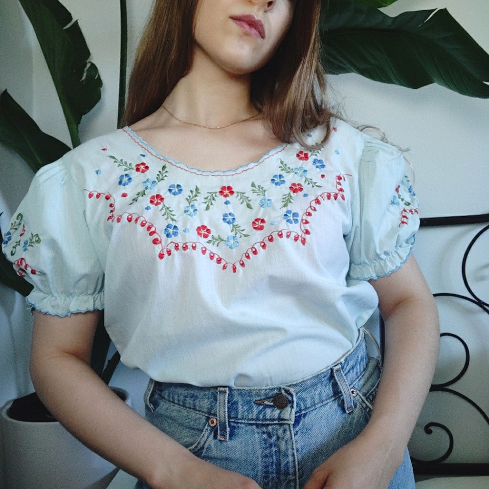 Vintage Blue Embroidered Cotton Puff Sleeve Top